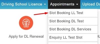 Sarathi Parivahan LL Test Slot Booking